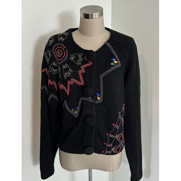 New York News Sweaters - Vintage New York‎ News 1980s Boxy Beaded Black Cardigan Sweater Medium